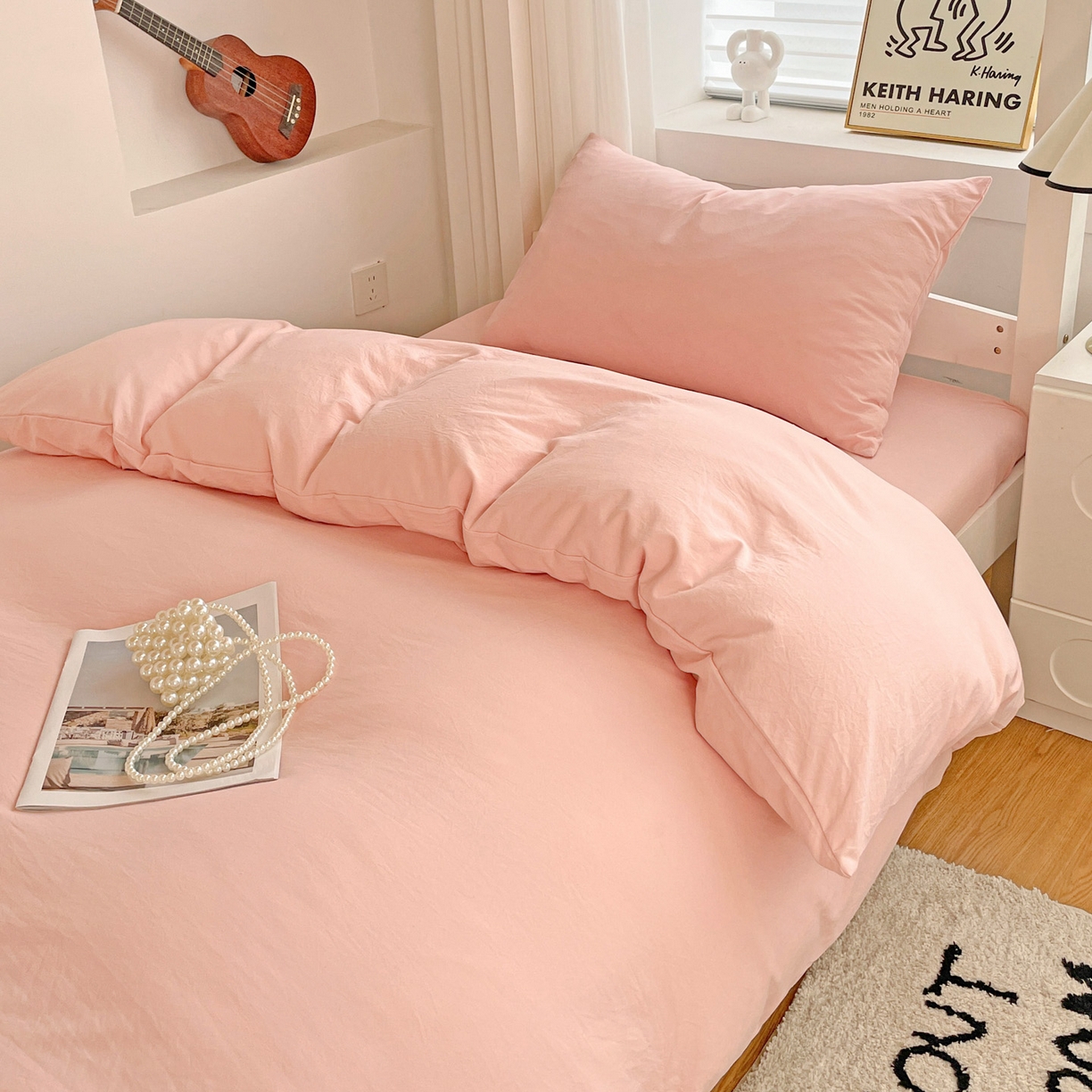 91家纺网 家纺一手货源 找家纺 纽缦家纺 2025新款纯色水洗亲柔棉三件套宿舍三件套上下铺三件套 米罗粉