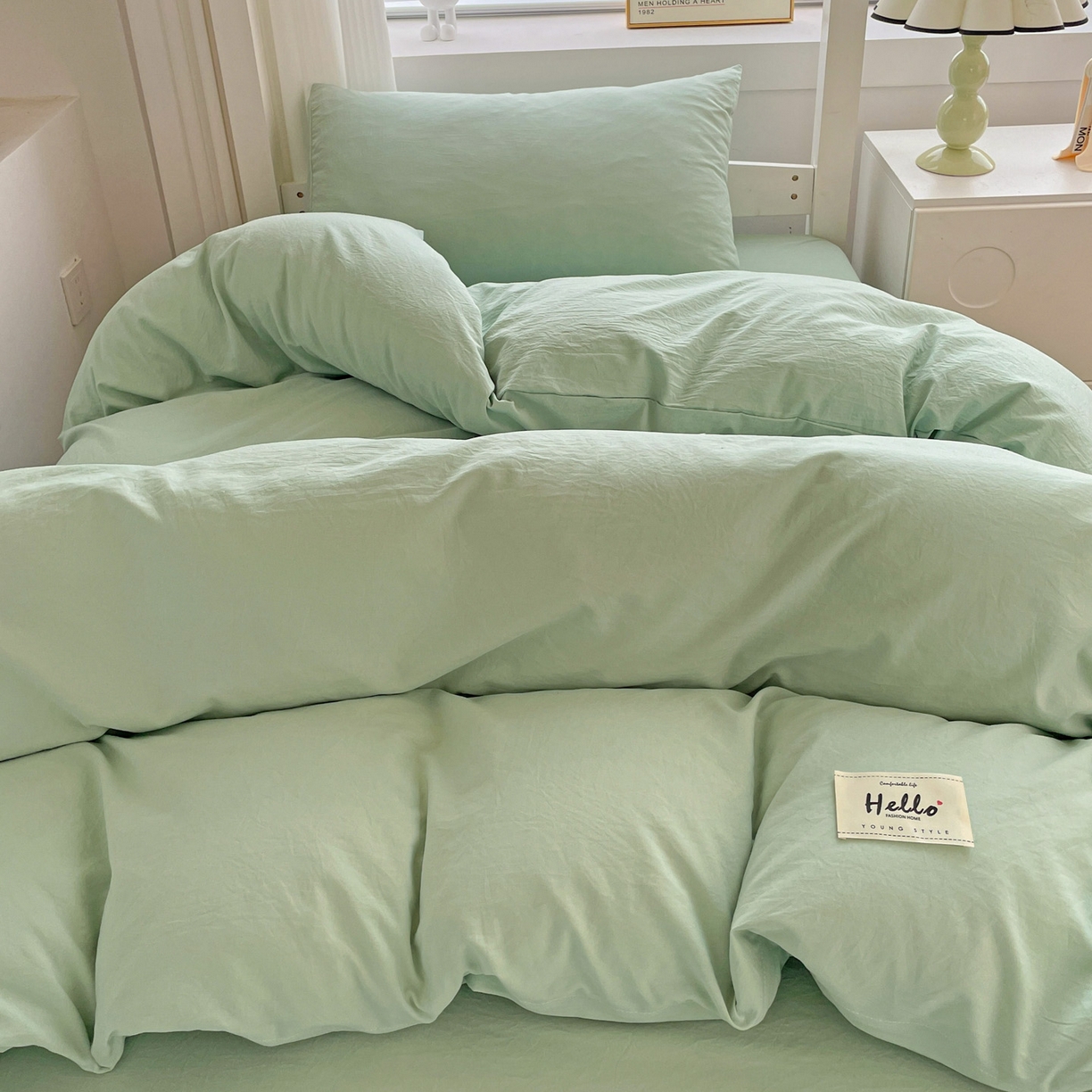 91家纺网 家纺一手货源 找家纺 纽缦家纺 2025新款纯色水洗亲柔棉三件套宿舍三件套上下铺三件套 苹果绿