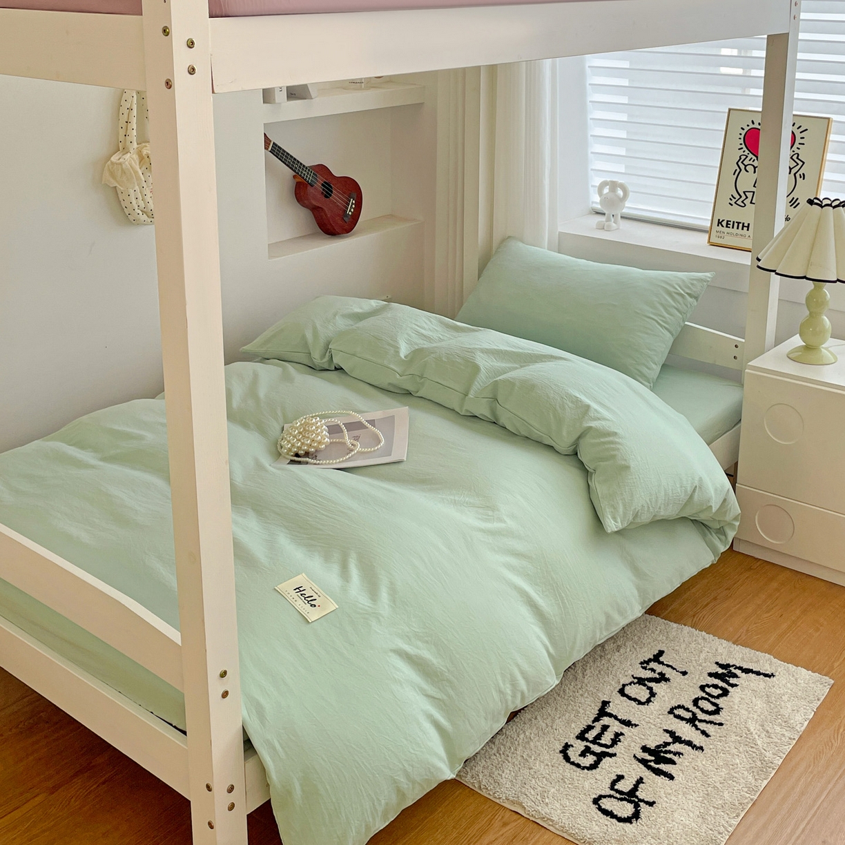 91家纺网 家纺一手货源 找家纺 纽缦家纺 2025新款纯色水洗亲柔棉三件套宿舍三件套上下铺三件套 苹果绿