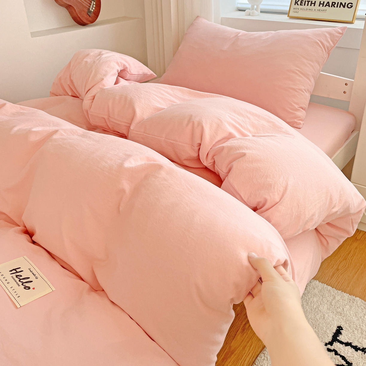 91家纺网 家纺一手货源 找家纺 纽缦家纺 2025新款纯色水洗亲柔棉三件套宿舍三件套上下铺三件套 米罗粉