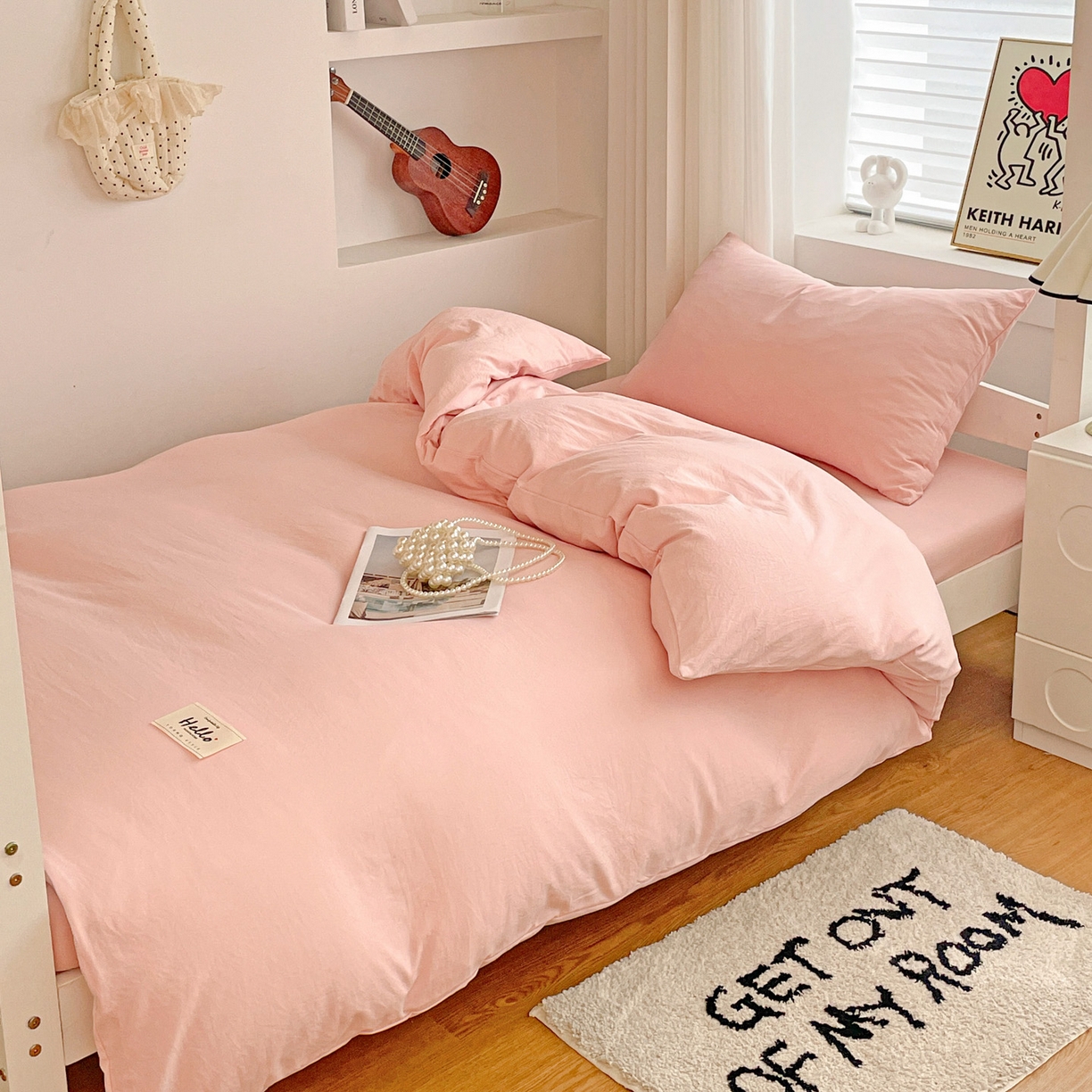 91家纺网 家纺一手货源 找家纺 纽缦家纺 2025新款纯色水洗亲柔棉三件套宿舍三件套上下铺三件套 米罗粉