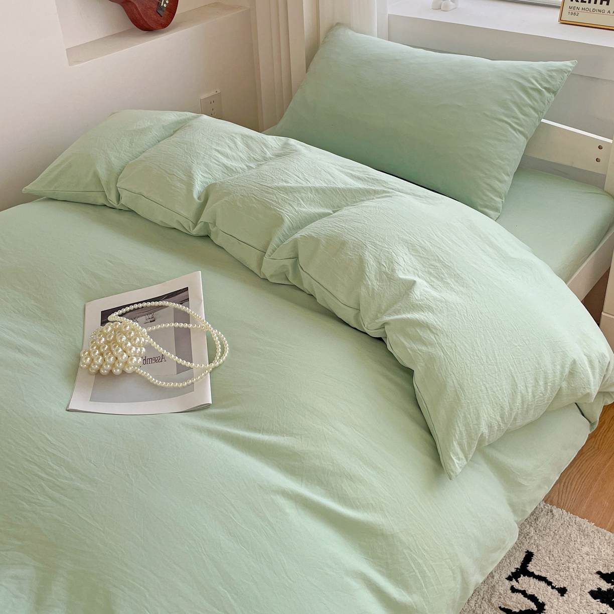 91家纺网 家纺一手货源 找家纺 纽缦家纺 2025新款纯色水洗亲柔棉三件套宿舍三件套上下铺三件套 苹果绿