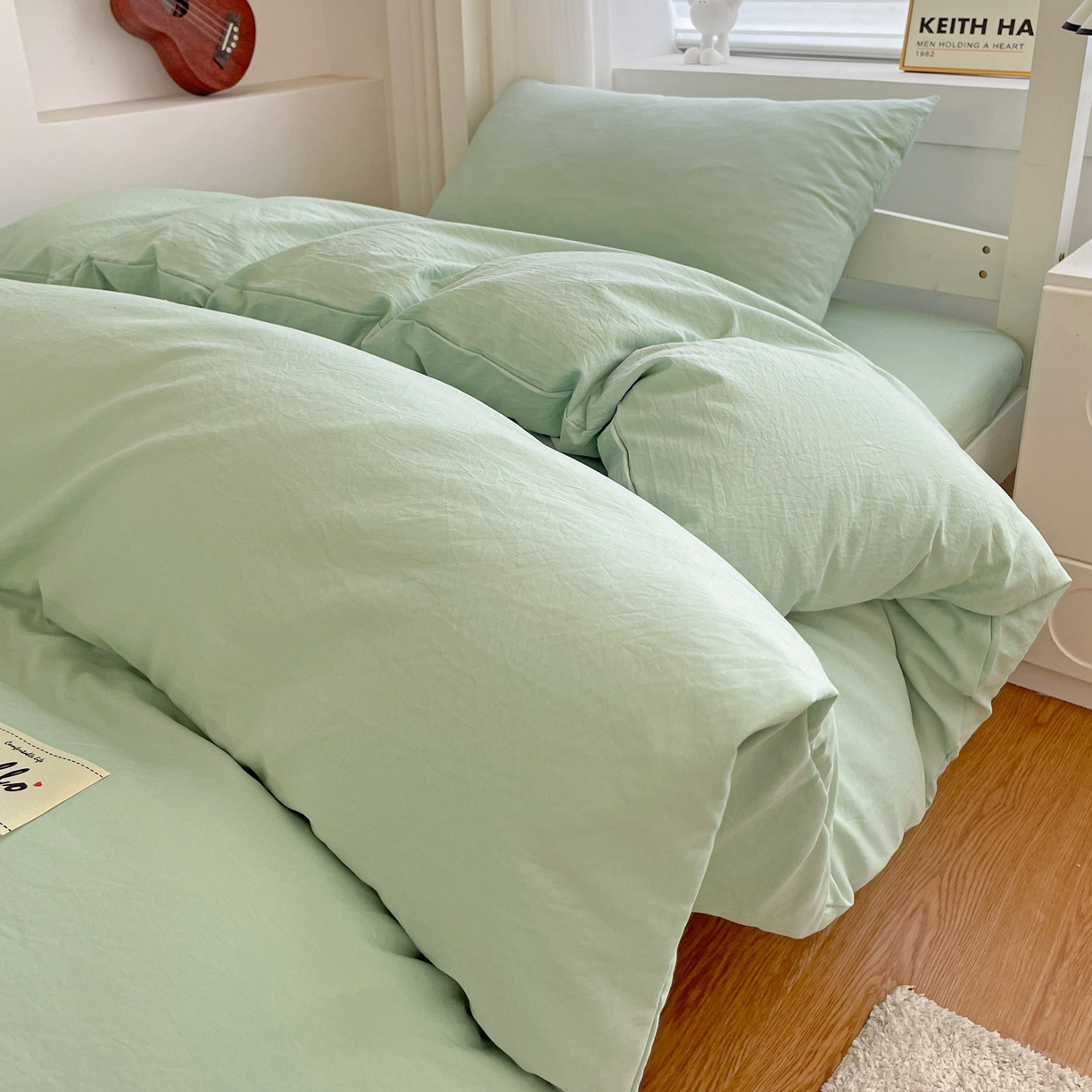 91家纺网 家纺一手货源 找家纺 纽缦家纺 2025新款纯色水洗亲柔棉三件套宿舍三件套上下铺三件套 苹果绿
