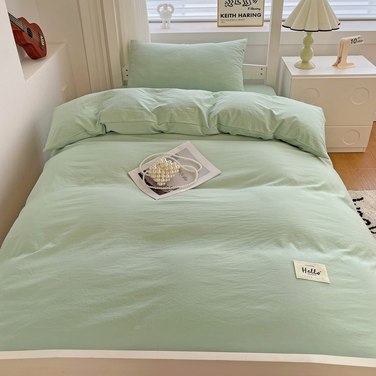 91家纺网 家纺一手货源 找家纺 纽缦家纺 2025新款纯色水洗亲柔棉三件套宿舍三件套上下铺三件套 苹果绿