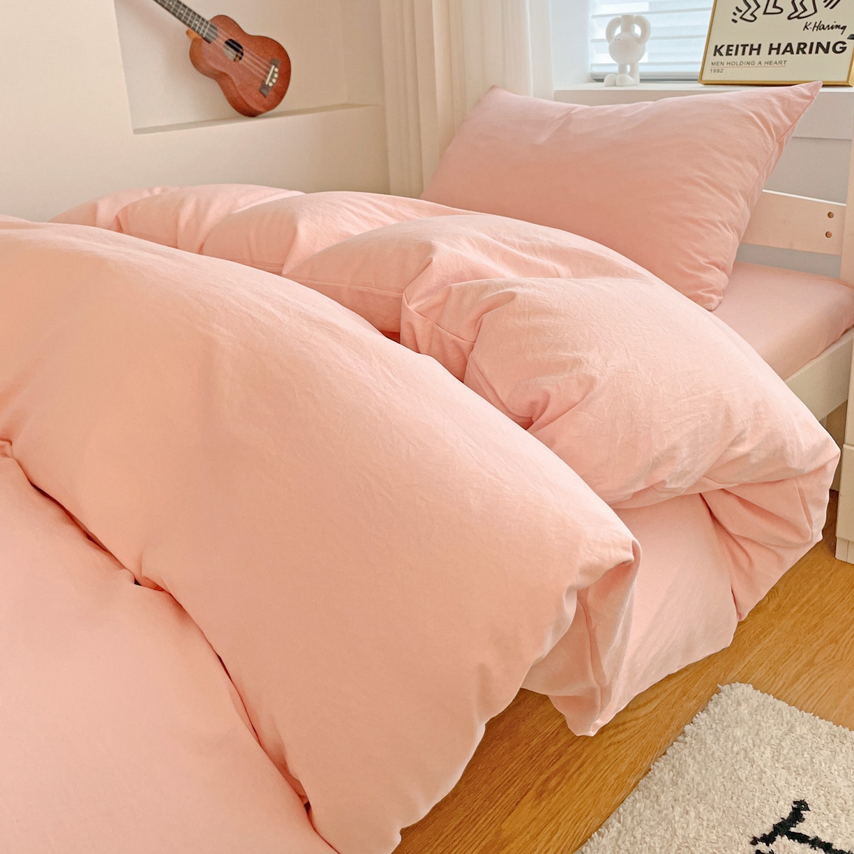 91家纺网 家纺一手货源 找家纺 纽缦家纺 2025新款纯色水洗亲柔棉三件套宿舍三件套上下铺三件套 米罗粉