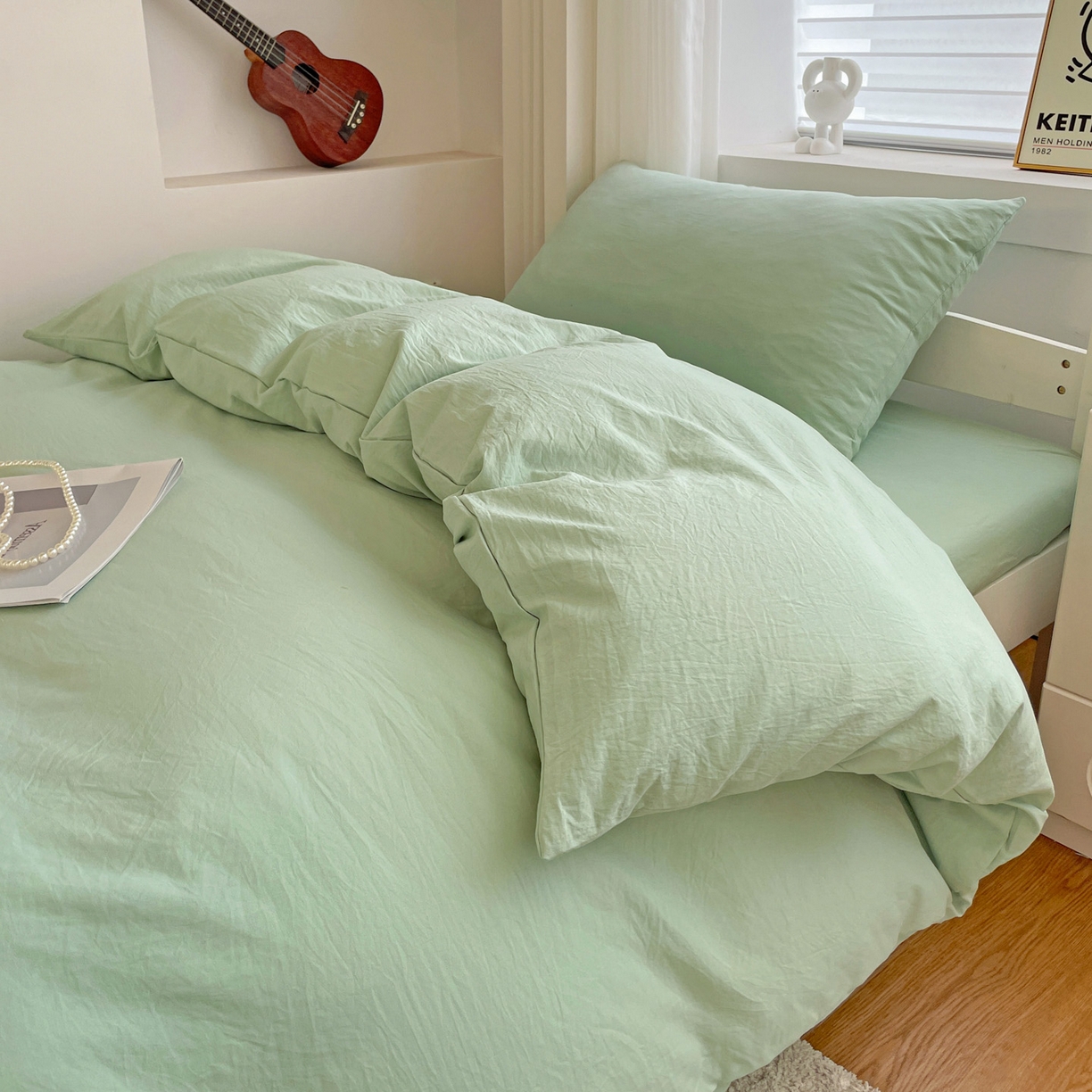 91家纺网 家纺一手货源 找家纺 纽缦家纺 2025新款纯色水洗亲柔棉三件套宿舍三件套上下铺三件套 苹果绿