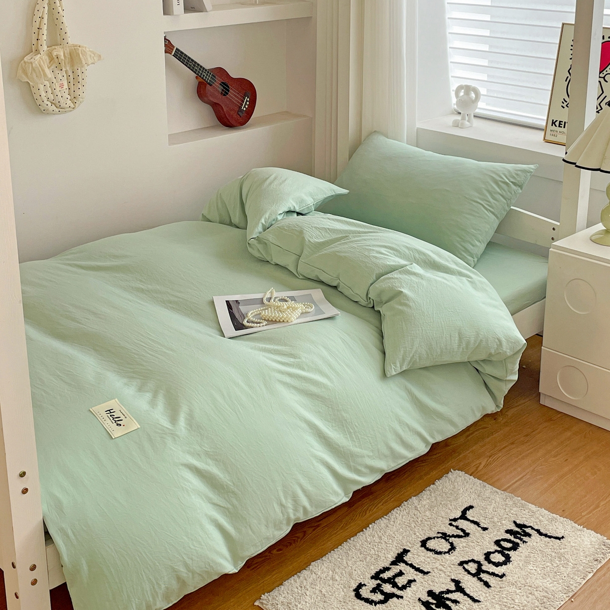 91家纺网 家纺一手货源 找家纺 纽缦家纺 2025新款纯色水洗亲柔棉三件套宿舍三件套上下铺三件套 苹果绿