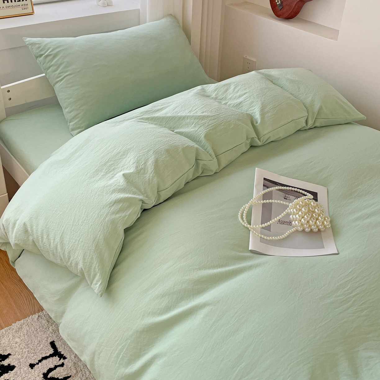 91家纺网 家纺一手货源 找家纺 纽缦家纺 2025新款纯色水洗亲柔棉三件套宿舍三件套上下铺三件套 苹果绿