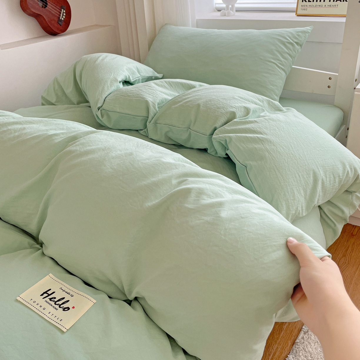 91家纺网 家纺一手货源 找家纺 纽缦家纺 2025新款纯色水洗亲柔棉三件套宿舍三件套上下铺三件套 苹果绿