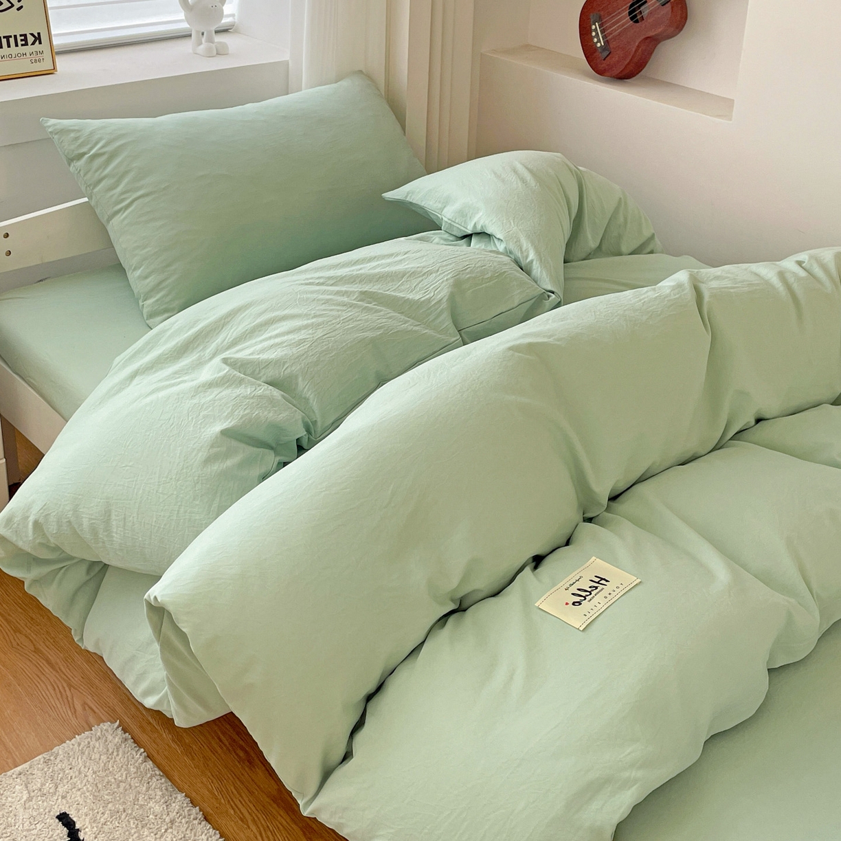 91家纺网 家纺一手货源 找家纺 纽缦家纺 2025新款纯色水洗亲柔棉三件套宿舍三件套上下铺三件套 苹果绿
