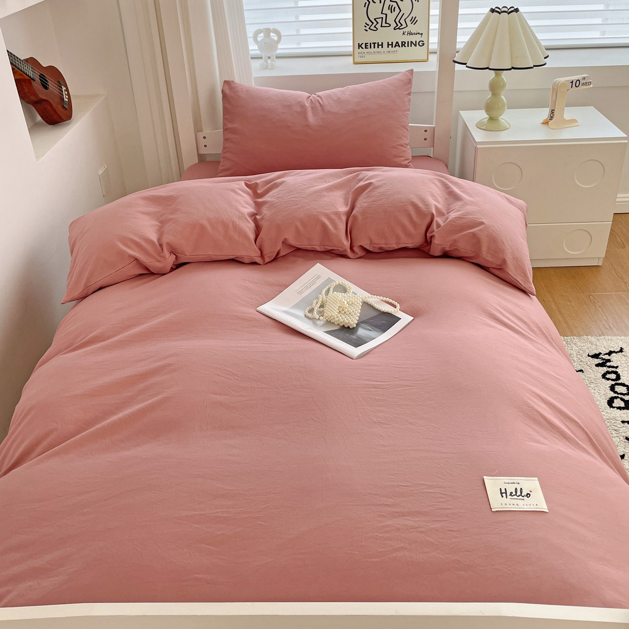 91家纺网 家纺一手货源 找家纺 纽缦家纺 2025新款纯色水洗亲柔棉三件套宿舍三件套上下铺三件套 豆沙