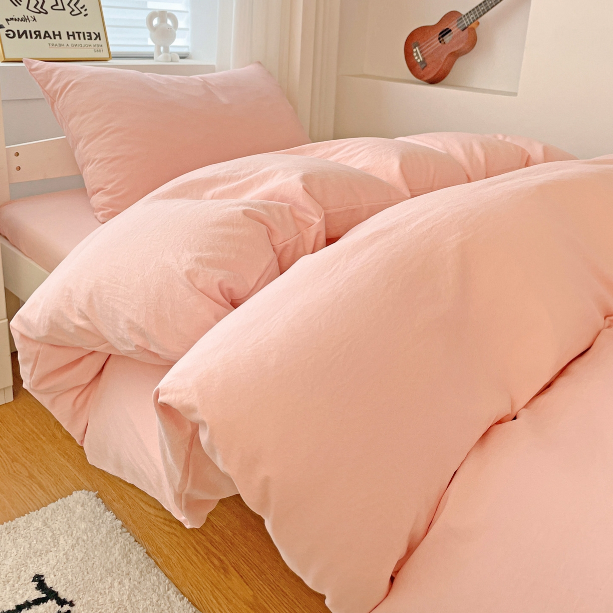 91家纺网 家纺一手货源 找家纺 纽缦家纺 2025新款纯色水洗亲柔棉三件套宿舍三件套上下铺三件套 米罗粉