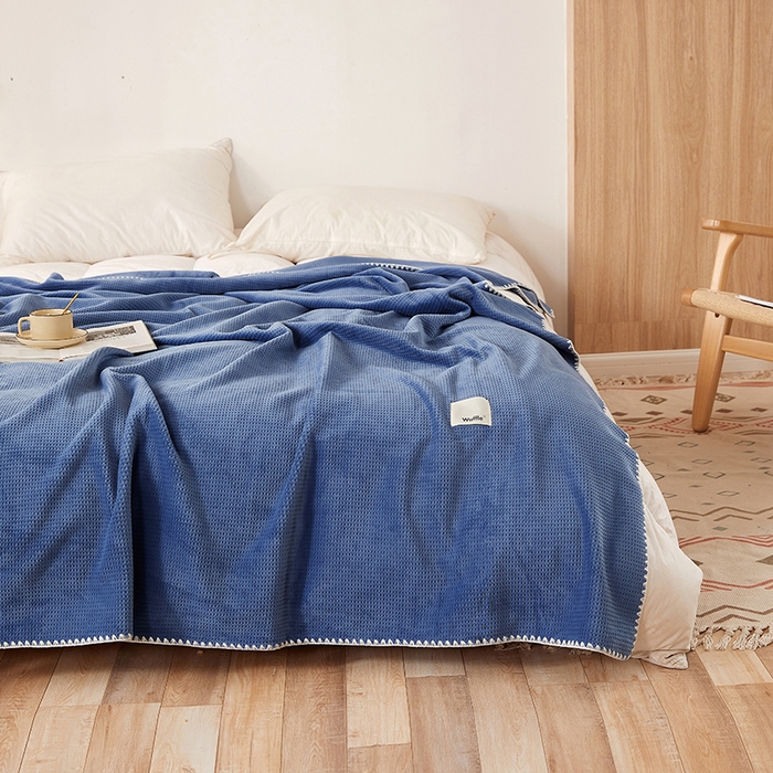 91家纺网 家纺一手货源 找家纺 莱家富 2026新款500克加厚A类华夫格牛奶绒双面毛毯轻奢休闲盖毯子多尺寸多功能午睡办 湖蓝