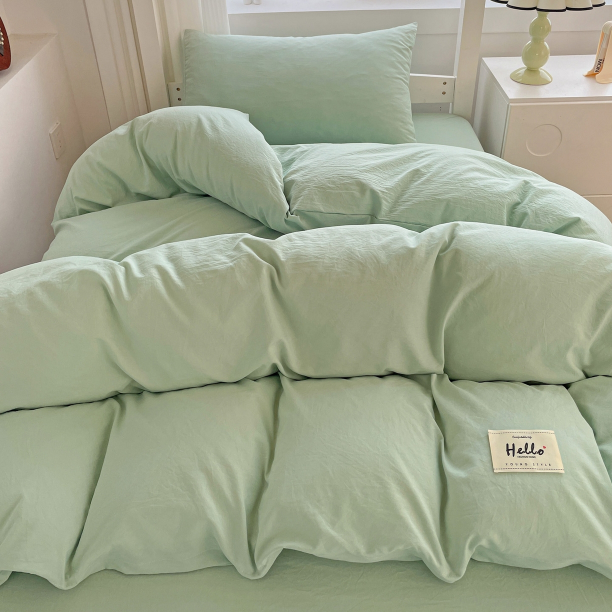 91家纺网 家纺一手货源 找家纺 纽缦家纺 2025新款纯色水洗亲柔棉三件套宿舍三件套上下铺三件套 苹果绿