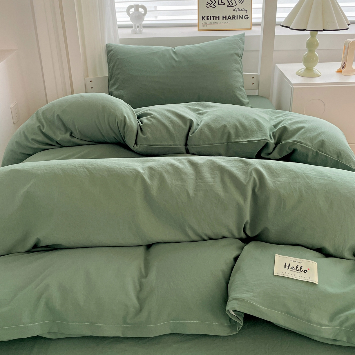 91家纺网 家纺一手货源 找家纺 纽缦家纺 2025新款纯色水洗亲柔棉三件套宿舍三件套上下铺三件套 蓝绿