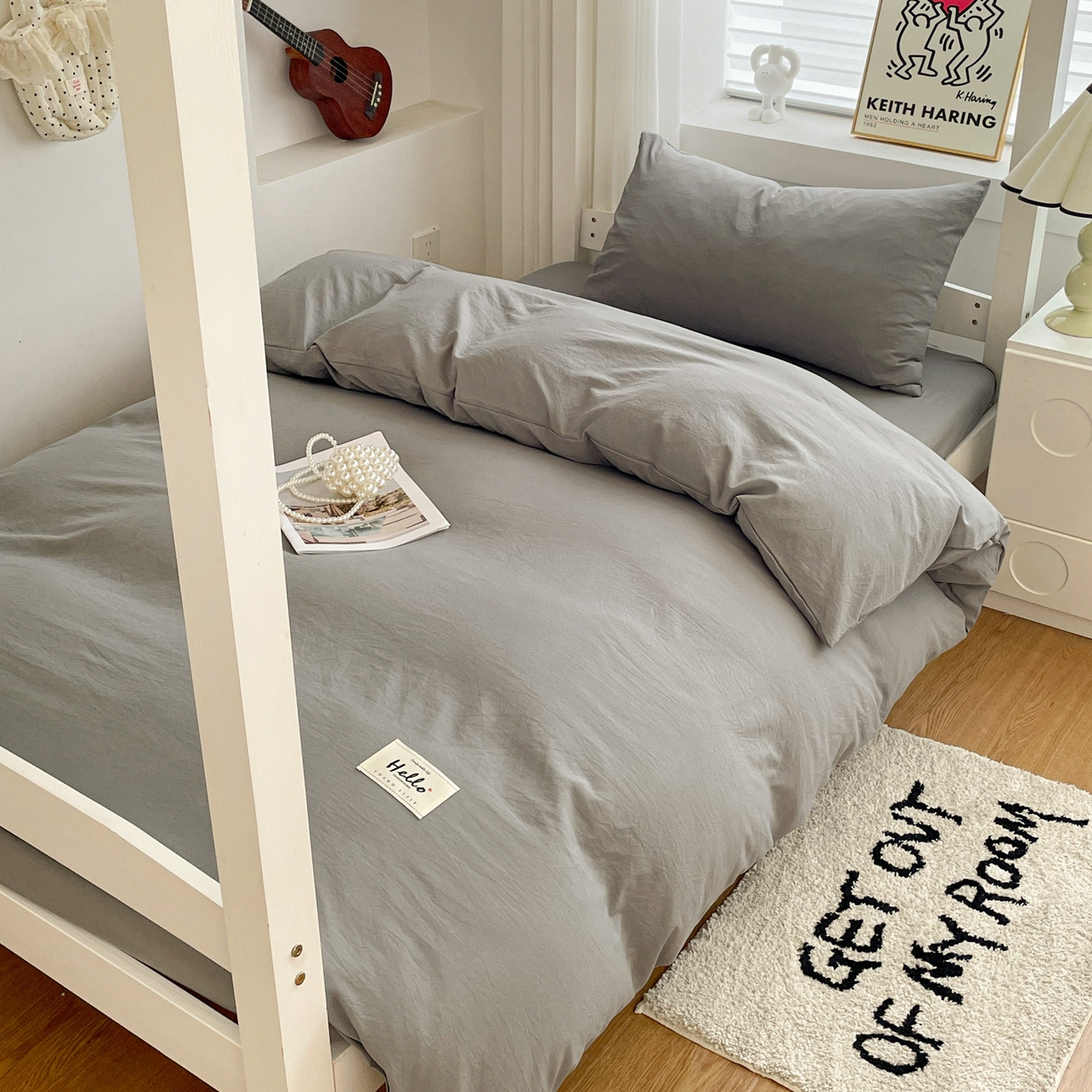 纽缦家纺 2025新款纯色水洗亲柔棉三件套宿舍三件套上下铺三件套 高级灰