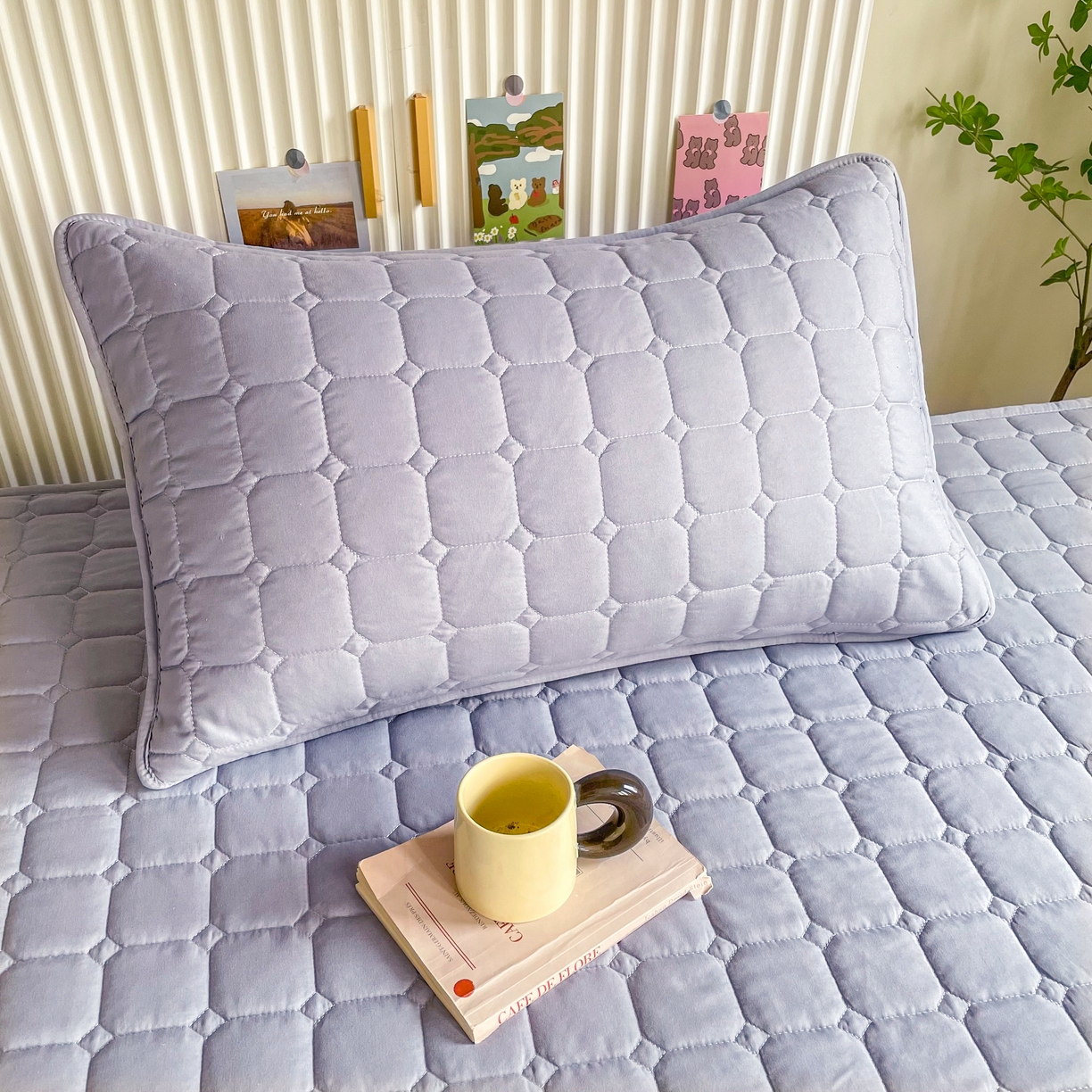 91家纺网 家纺一手货源 找家纺 锦眠床笠 2025新款亲肤面包格夹棉床笠-学生图 面包格-灰