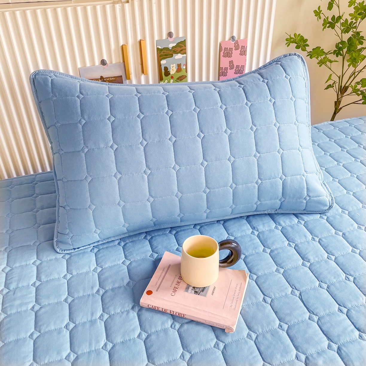 91家纺网 家纺一手货源 找家纺 锦眠床笠 2025新款亲肤面包格夹棉床笠-学生图 面包格-兰