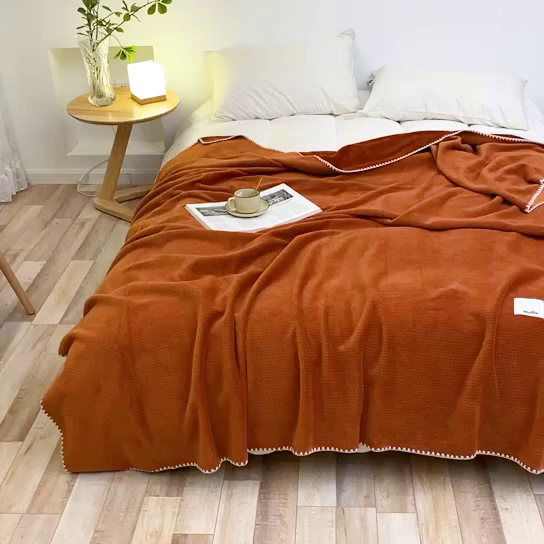 91家纺网 家纺一手货源 找家纺 莱家富 2026新款500克加厚A类华夫格牛奶绒双面毛毯轻奢休闲盖毯子多尺寸多功能午睡办 焦糖