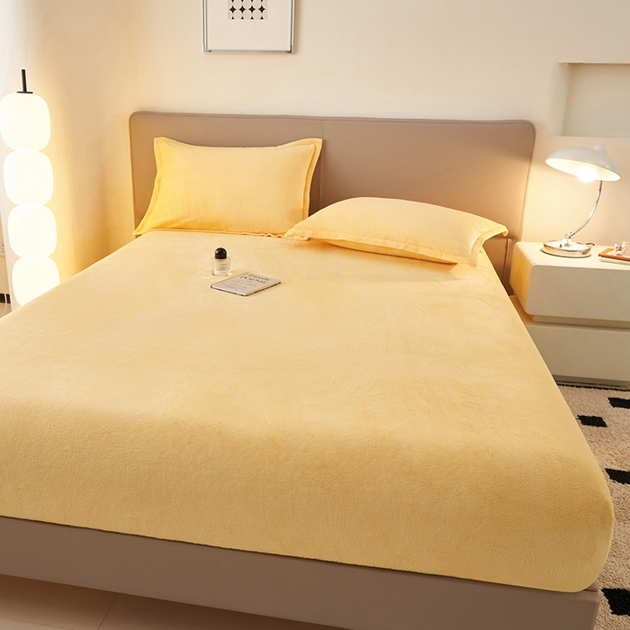 91家纺网 家纺一手货源 找家纺 简爱 2025新款纯色牛奶绒单床笠 柠檬黄