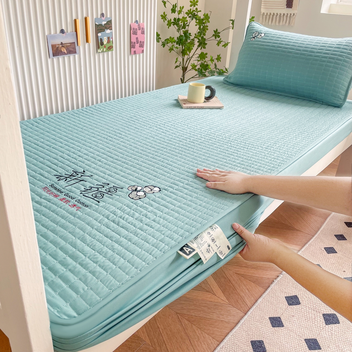 91家纺网 家纺一手货源 找家纺 锦眠床笠 2025新款刺绣床笠-学生图 青春绿