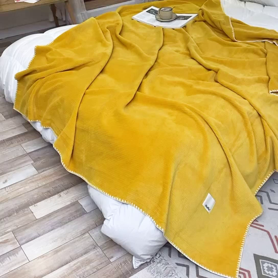 91家纺网 家纺一手货源 找家纺 莱家富 2026新款500克加厚A类华夫格牛奶绒双面毛毯轻奢休闲盖毯子多尺寸多功能午睡办 明黄