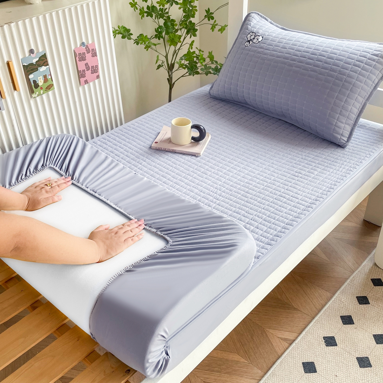 91家纺网 家纺一手货源 找家纺 锦眠床笠 2025新款刺绣床笠-学生图 星空灰