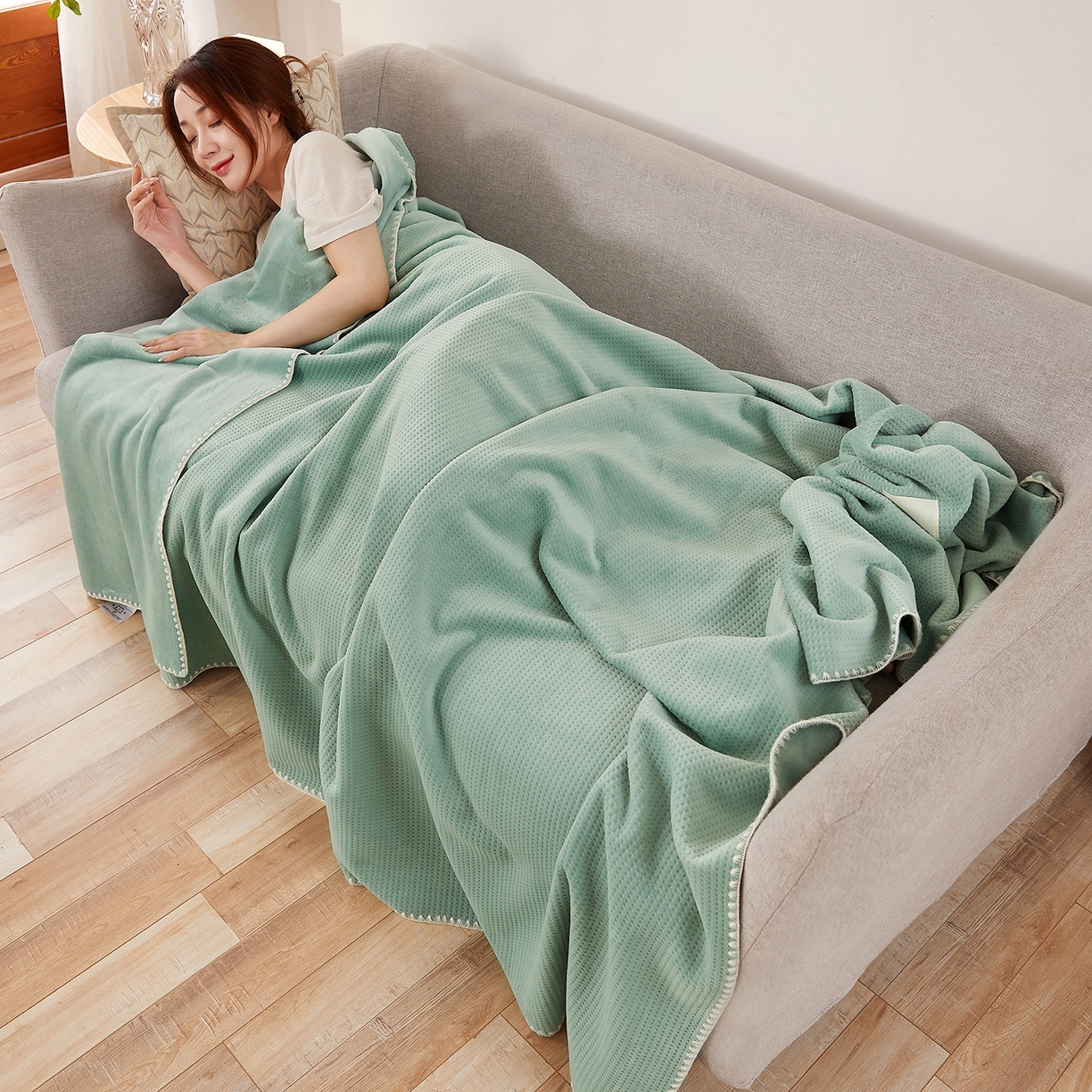 莱家富 2026新款500克加厚A类华夫格牛奶绒双面毛毯轻奢休闲盖毯子多尺寸多功能午睡办 苹果绿