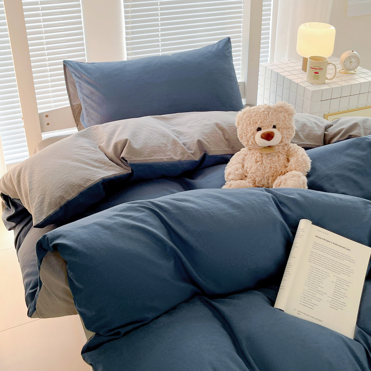 91家纺网 家纺一手货源 找家纺 纽缦家纺 2025新款纯色双拼水洗亲柔棉三件套宿舍三件套上下铺三件套 纯色双拼-宝蓝浅灰