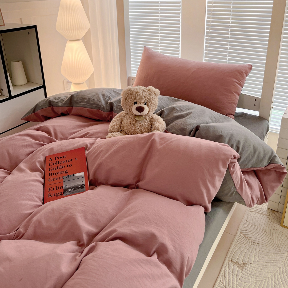 91家纺网 家纺一手货源 找家纺 纽缦家纺 2025新款纯色双拼水洗亲柔棉三件套宿舍三件套上下铺三件套 纯色双拼-豆沙浅灰