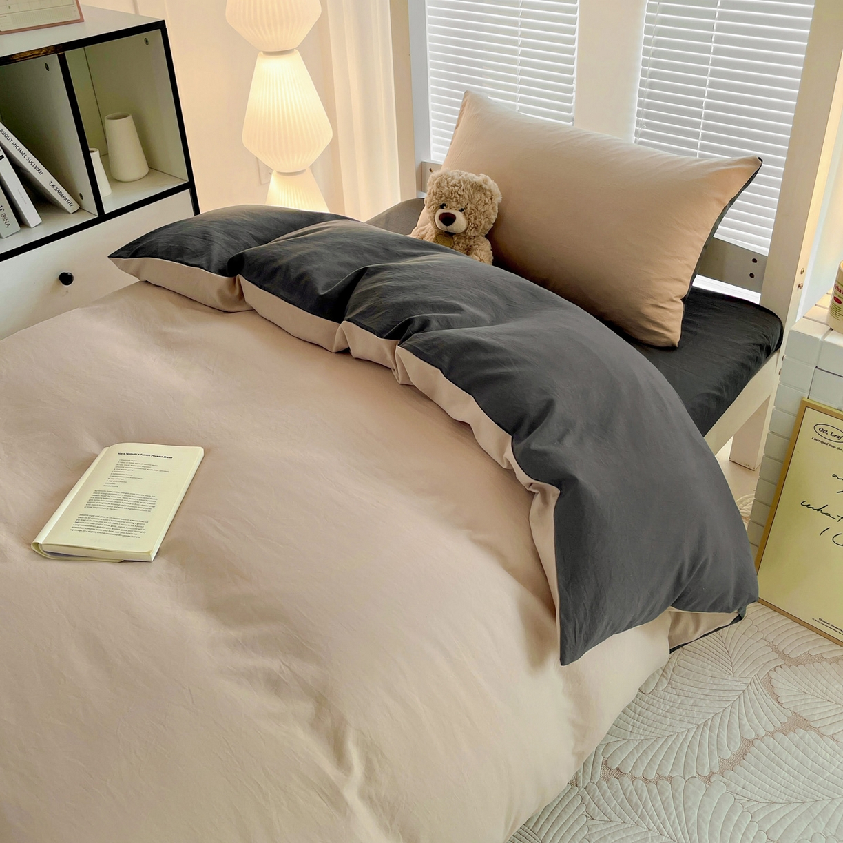 91家纺网 家纺一手货源 找家纺 纽缦家纺 2025新款纯色双拼水洗亲柔棉三件套宿舍三件套上下铺三件套 纯色双拼-卡深灰