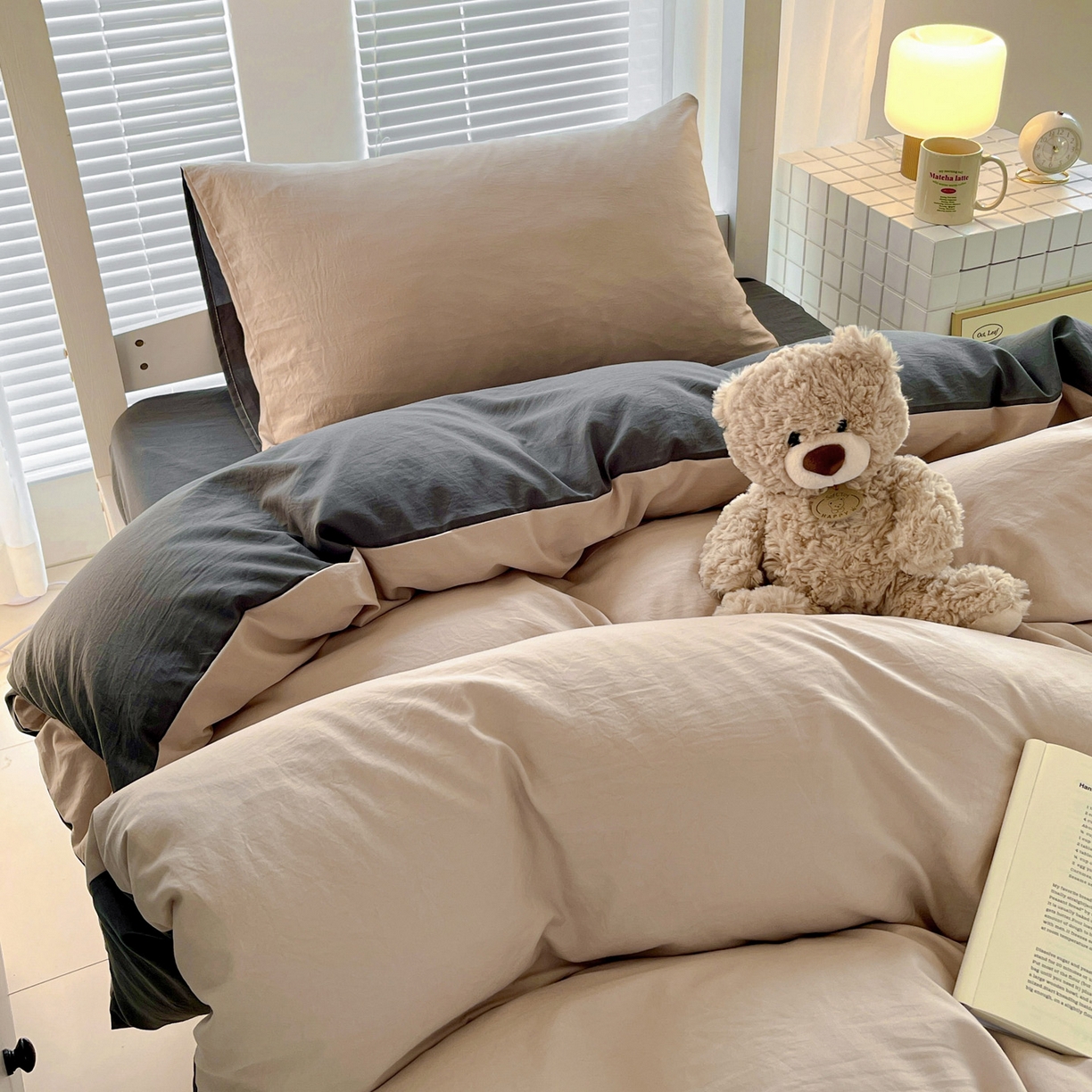 91家纺网 家纺一手货源 找家纺 纽缦家纺 2025新款纯色双拼水洗亲柔棉三件套宿舍三件套上下铺三件套 纯色双拼-卡深灰