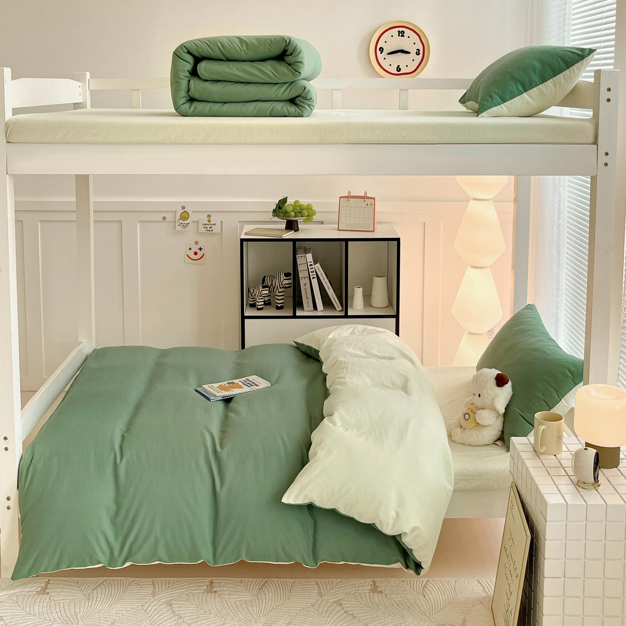 91家纺网 家纺一手货源 找家纺 纽缦家纺 2025新款纯色双拼水洗亲柔棉三件套宿舍三件套上下铺三件套 纯色双拼-蓝绿米