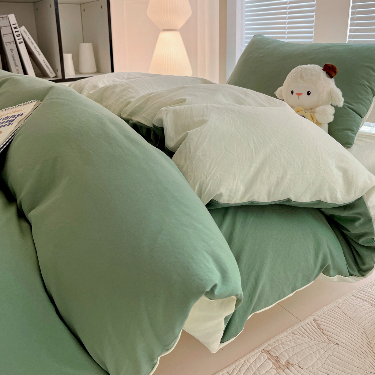 91家纺网 家纺一手货源 找家纺 纽缦家纺 2025新款纯色双拼水洗亲柔棉三件套宿舍三件套上下铺三件套 纯色双拼-蓝绿米