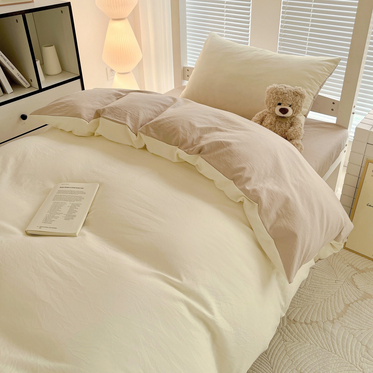 91家纺网 家纺一手货源 找家纺 纽缦家纺 2025新款纯色双拼水洗亲柔棉三件套宿舍三件套上下铺三件套 纯色双拼-米卡