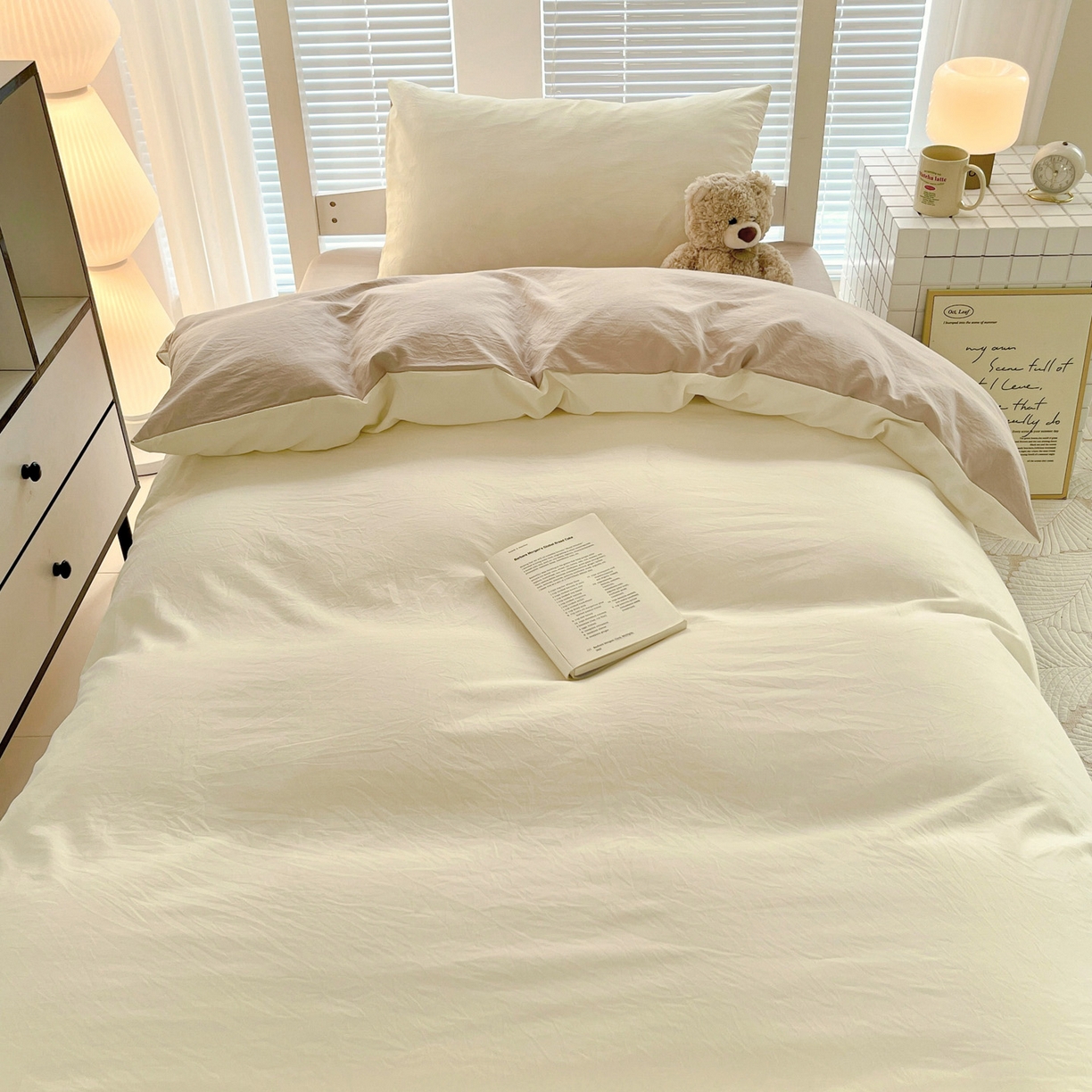 91家纺网 家纺一手货源 找家纺 纽缦家纺 2025新款纯色双拼水洗亲柔棉三件套宿舍三件套上下铺三件套 纯色双拼-米卡