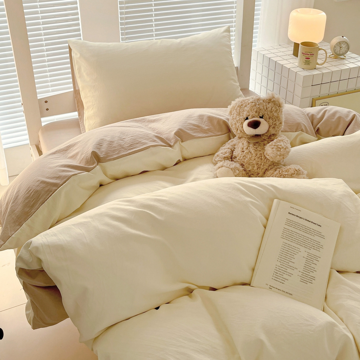 91家纺网 家纺一手货源 找家纺 纽缦家纺 2025新款纯色双拼水洗亲柔棉三件套宿舍三件套上下铺三件套 纯色双拼-米卡