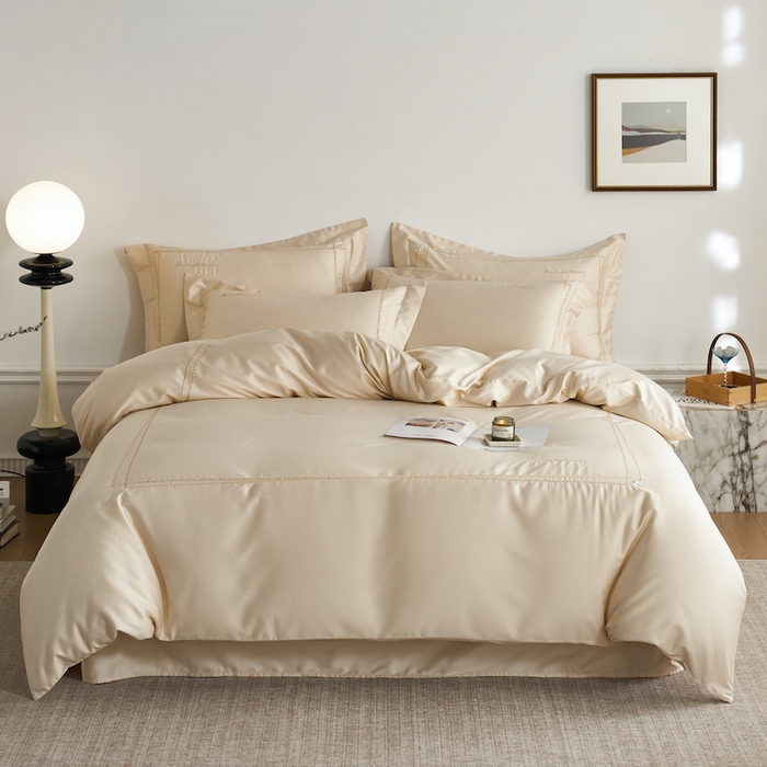 91家纺网 家纺一手货源 找家纺 千朵森 2025新款长绒棉纯棉轻奢款大版刺绣四件套-那拉提系列 那拉提-奶茶