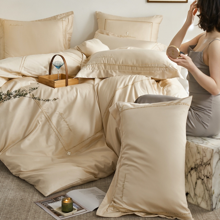 91家纺网 家纺一手货源 找家纺 千朵森 2025新款长绒棉纯棉轻奢款大版刺绣四件套-那拉提系列 那拉提-奶茶