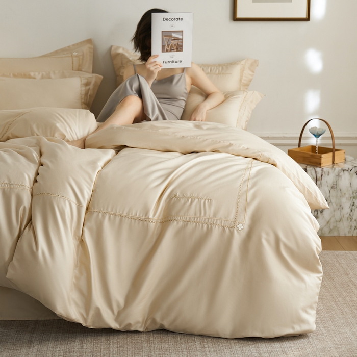 91家纺网 家纺一手货源 找家纺 千朵森 2025新款长绒棉纯棉轻奢款大版刺绣四件套-那拉提系列 那拉提-奶茶