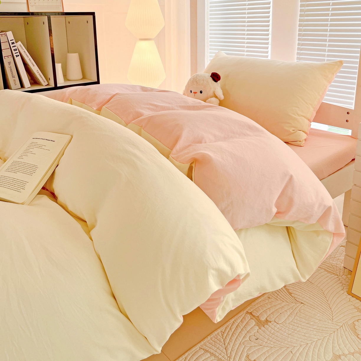 91家纺网 家纺一手货源 找家纺 纽缦家纺 2025新款纯色双拼水洗亲柔棉三件套宿舍三件套上下铺三件套 纯色双拼-柠檬粉