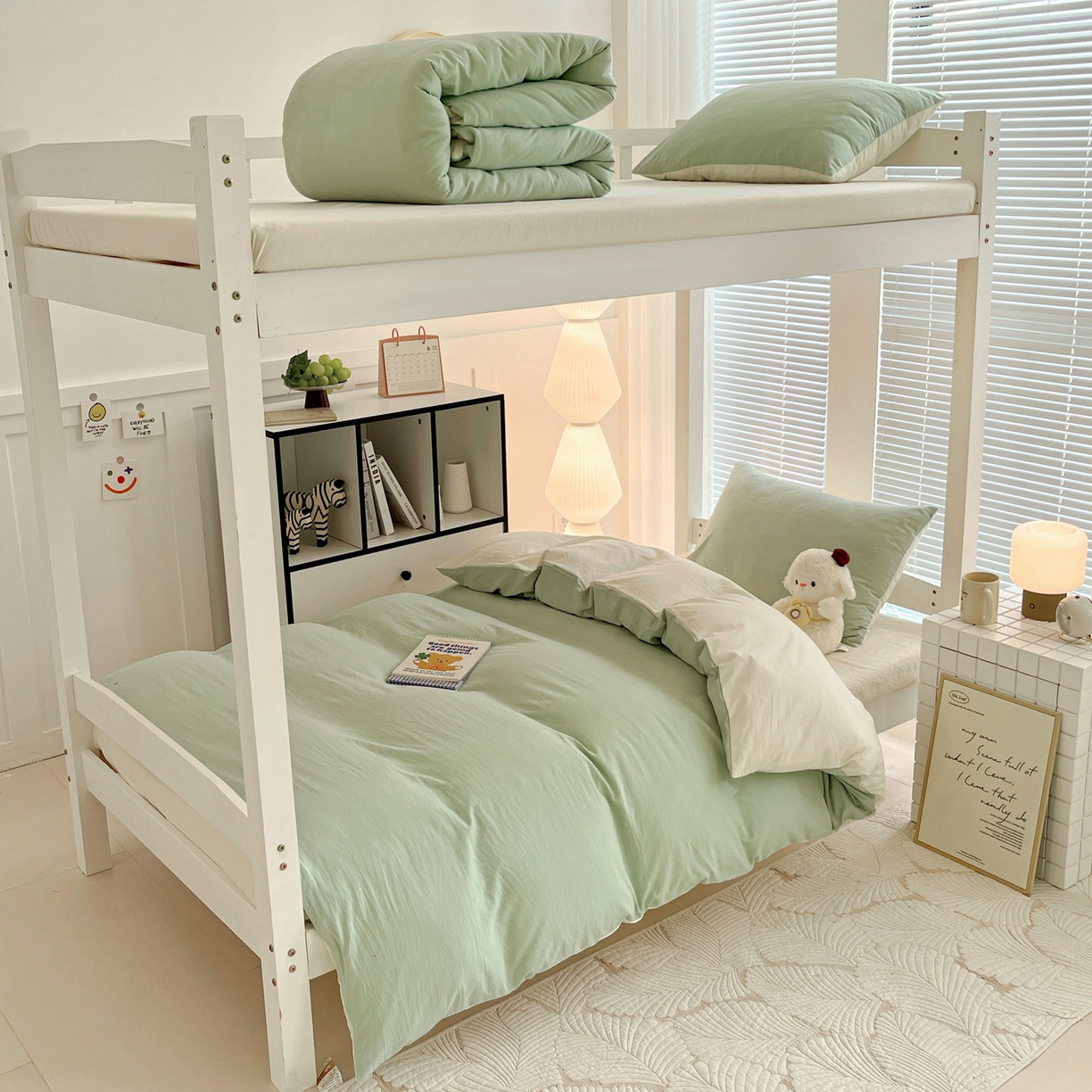 纽缦家纺 2025新款纯色双拼水洗亲柔棉三件套宿舍三件套上下铺三件套 纯色双拼-苹果绿米