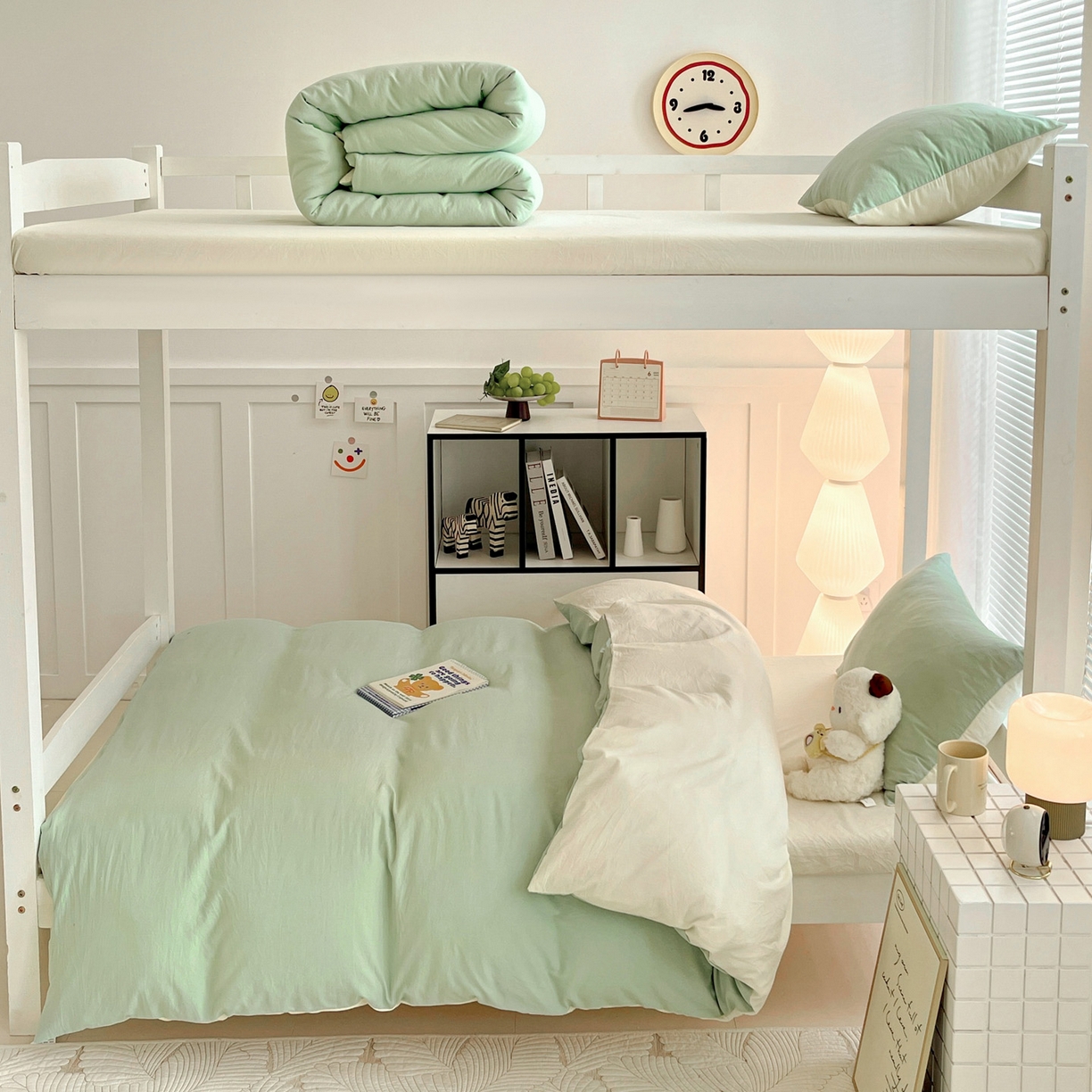 91家纺网 家纺一手货源 找家纺 纽缦家纺 2025新款纯色双拼水洗亲柔棉三件套宿舍三件套上下铺三件套 纯色双拼-苹果绿米