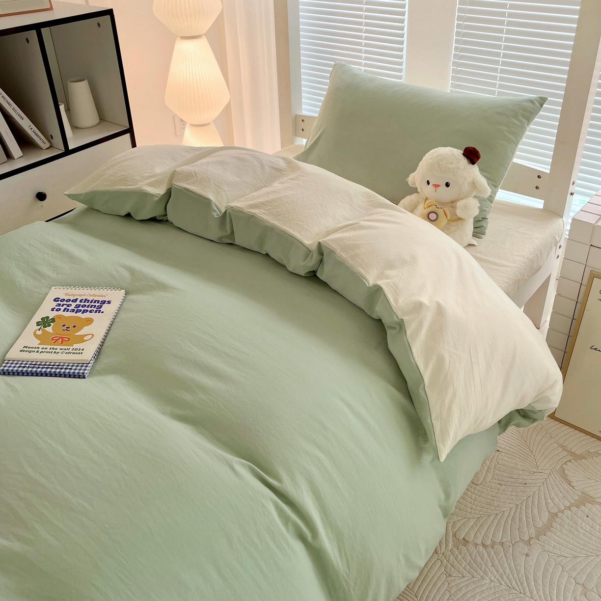 91家纺网 家纺一手货源 找家纺 纽缦家纺 2025新款纯色双拼水洗亲柔棉三件套宿舍三件套上下铺三件套 纯色双拼-苹果绿米