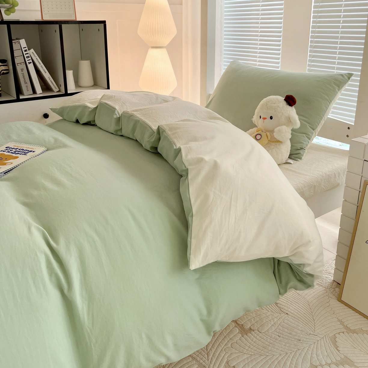91家纺网 家纺一手货源 找家纺 纽缦家纺 2025新款纯色双拼水洗亲柔棉三件套宿舍三件套上下铺三件套 纯色双拼-苹果绿米