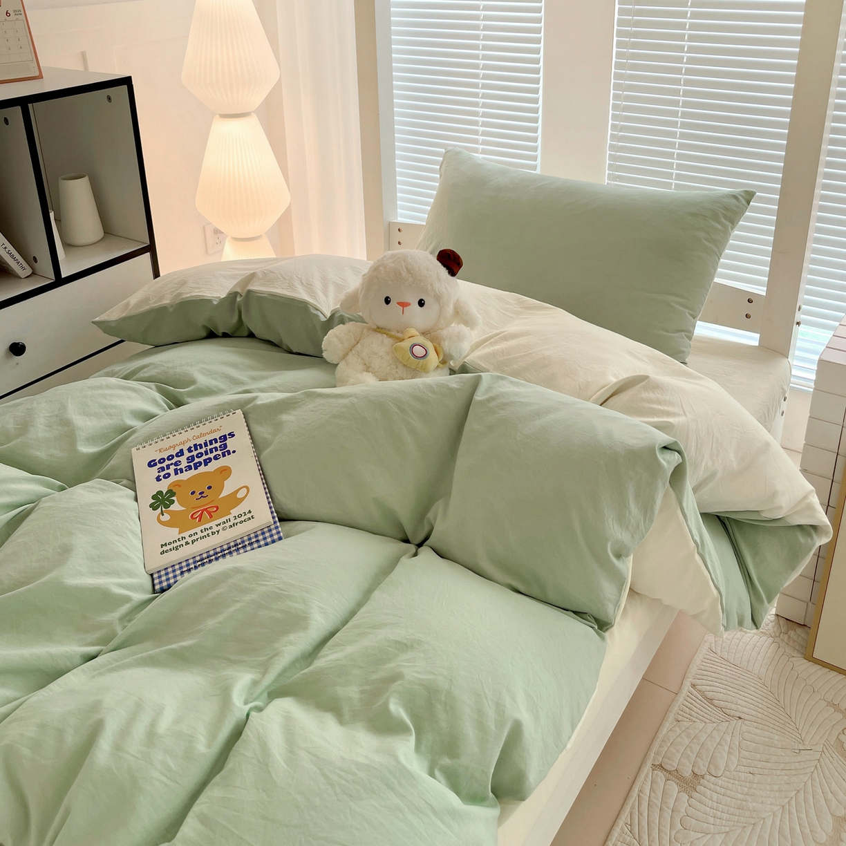 91家纺网 家纺一手货源 找家纺 纽缦家纺 2025新款纯色双拼水洗亲柔棉三件套宿舍三件套上下铺三件套 纯色双拼-苹果绿米