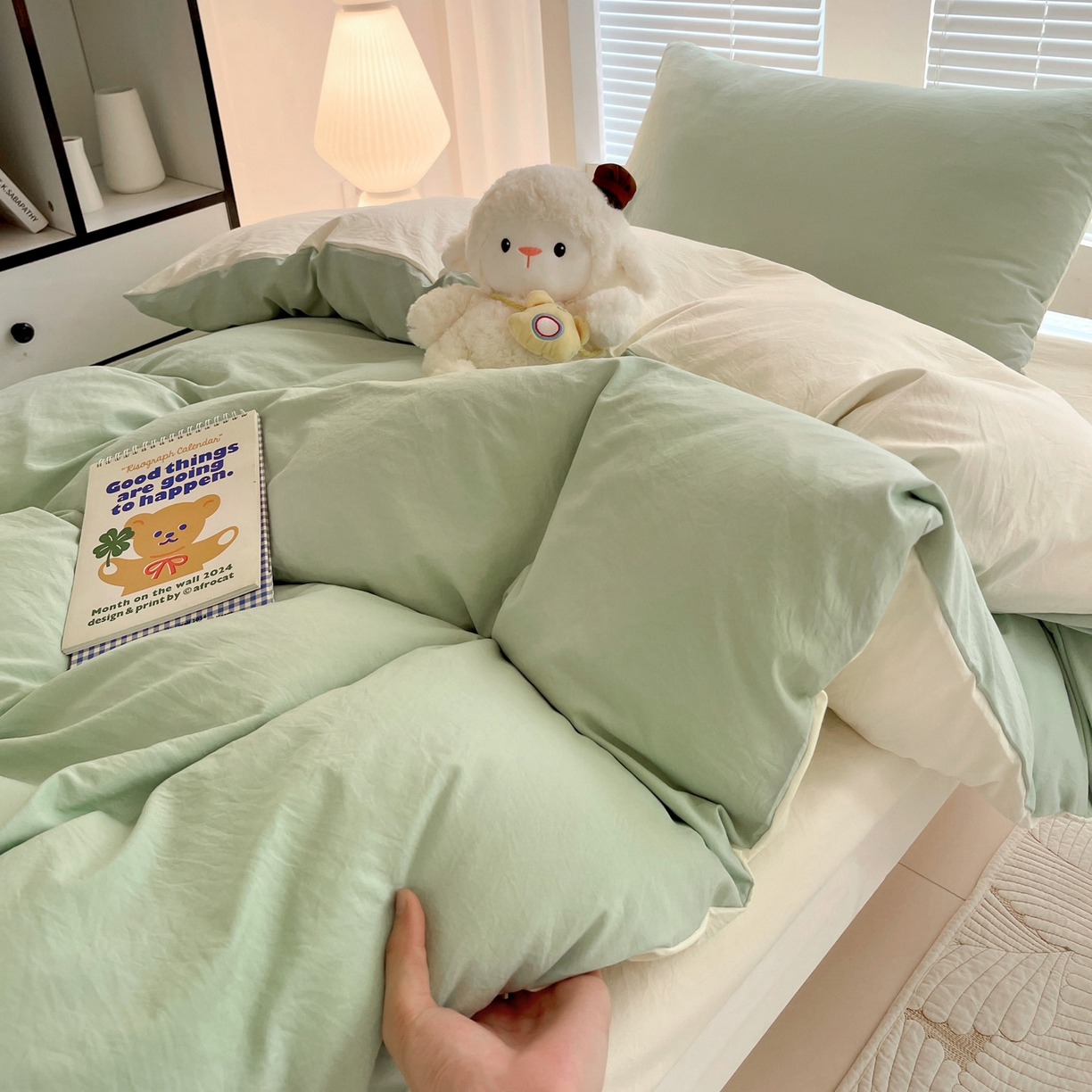 91家纺网 家纺一手货源 找家纺 纽缦家纺 2025新款纯色双拼水洗亲柔棉三件套宿舍三件套上下铺三件套 纯色双拼-苹果绿米