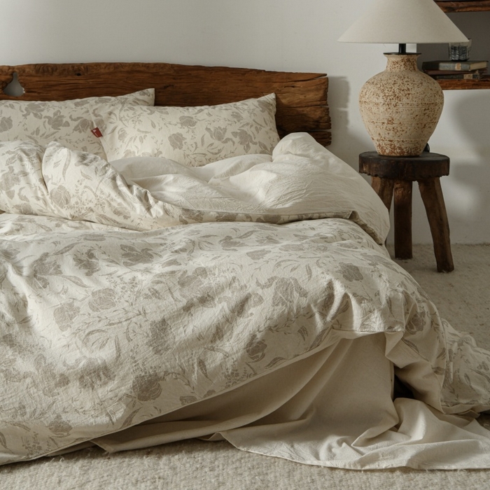 羚羊语家纺 2025新款A类棉麻高支密原生棉花亚麻四件套复古色织数码印花文艺风绉绉汉麻亚麻自 枕边书