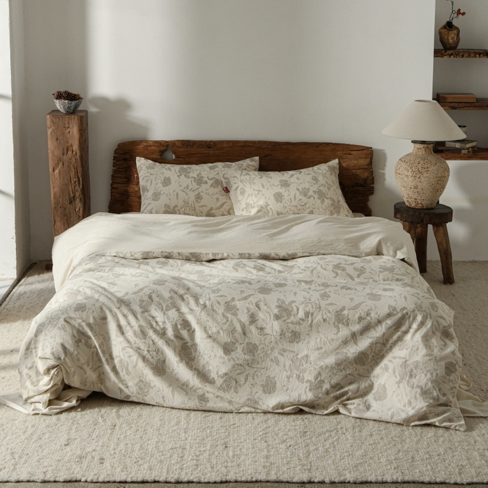 91家纺网 家纺一手货源 找家纺 羚羊语家纺 2025新款A类棉麻高支密原生棉花亚麻四件套复古色织数码印花文艺风绉绉汉麻亚麻自 枕边书