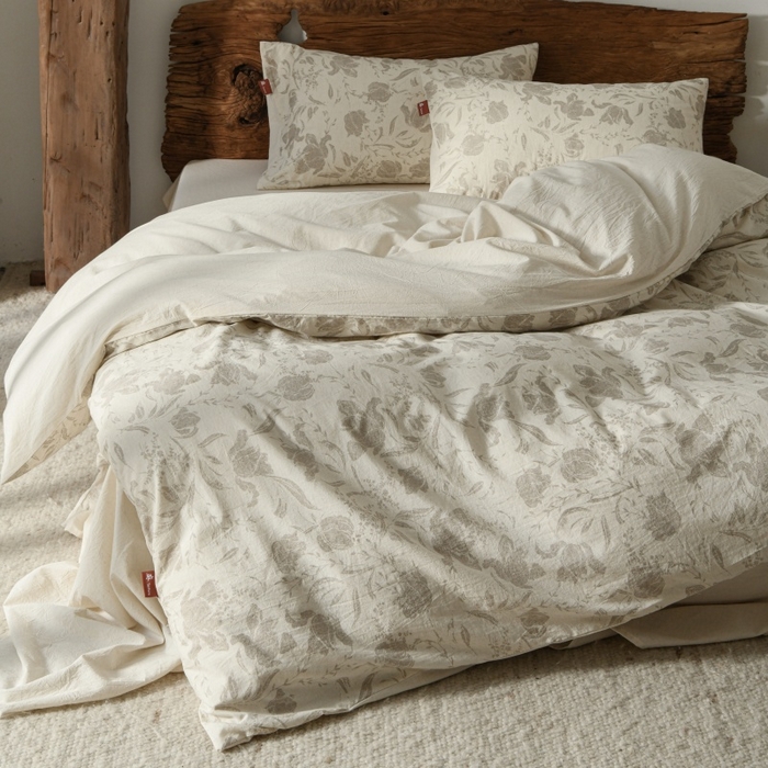 91家纺网 家纺一手货源 找家纺 羚羊语家纺 2025新款A类棉麻高支密原生棉花亚麻四件套复古色织数码印花文艺风绉绉汉麻亚麻自 枕边书